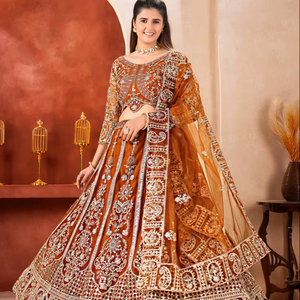 Lehenga Choli Tradicional de Lujo para Mujer, con Bordado Intrincado, Tonos Ricos, Seda Chinon Reciclada, para Bodas, Diwali y Fiestas - Product Image 1