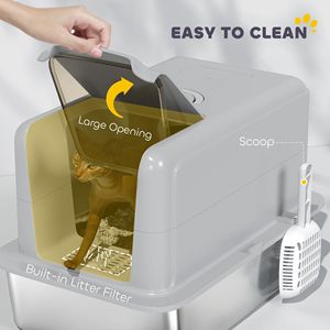 Lettiera per Gatti 2 in 1 XL in Acciaio Inox Grigio con Funzioni di Facile Pulizia, Coperchio Rimovibile, Paletta e Sacchetti Filtranti per Gatti di Piccola e Grande Taglia - Product Image 5