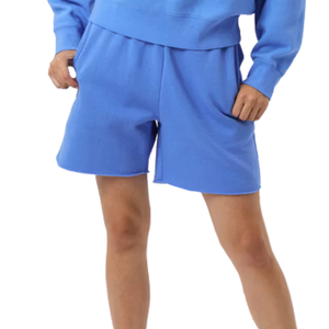 Shorts en molleton de coton bleu pour femme, taille élastique avec cordon de serrage, poches latérales, coupe décontractée, vêtements de détente, vente en gros, OEM - Product Image 1