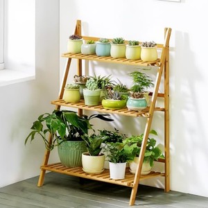 Support pour plantes contemporain à 3 niveaux en bois dur tropical |   Étagère de présentation en bois pour plantes d'extérieur, vente en gros - Product Image 2