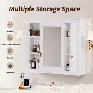 Armadietto da Bagno a Parete con 4 Ripiani e Anta a Specchio, Bianco, per Conservazione Medicinali - Product Image 2