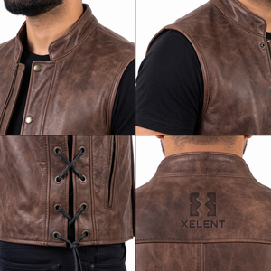 Gilet de moto en cuir de vachette vieilli personnalisé OEM, tactique CCW avec lacets latéraux, pour homme - Product Image 4