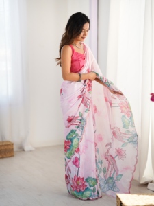 Sari de Seda Chinnon Premium, Sari de Diseño para Mujer, Ropa Étnica, Sari con Estampado Floral, Sari de Chinnon con Blusa sin Coser - Product Image 6