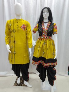 Yellow Couple Embroidered <b>Kurta</b> & Lehenga Choli Set Cotton Indian Pakistani Clothing with Dupatta Festival Wear for Women - Product Image 4