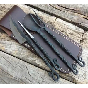 Ensemble de couverts de camping à manche torsadé avec couteau, cuillère et fourchette dans une pochette en cuir pour la cuisine en plein air - Product Image 6