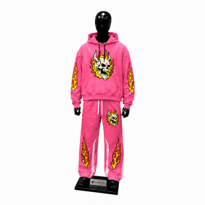 Ensemble de survêtement Rose Flamme Crâne pour Homme : Sweat à Capuche et Jogger Imprimés, Style Streetwear Gothique, Motif Squelette de Feu, Pull Assorti - Product Image 1