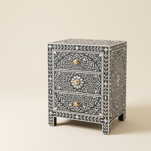 Mesa auxiliar negra con incrustaciones florales hechas a mano, que sirve como mesita de noche moderna para la decoración del dormitorio del hogar. Muebles modernos para el hogar. - Product Image 1
