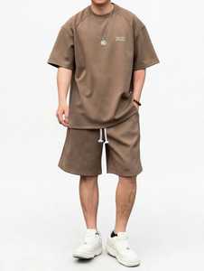 ONETEN <b>Men</b> Regular Fit <b>Short</b> Sleeve Jersey T-Shirt and <b>Shorts</b> Set Crew Neck Back Logo Two Piece Outfit 200 Grams <b>Brown</b> - Product Image 4