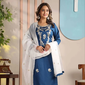 Ensemble Kurta Pantalon Dupatta en Coton Pur pour Femmes, Vêtements de Fête - Product Image 1