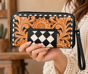 New Western Style Tooled Checkered Genuine Leather <b>Women</b> <b>Clutches</b> Floral Pattern Card & Cash Holder All Season Zipper Wallet - Product Image 1