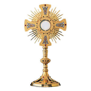 Excelente monstrancia de latón con decoraciones, diseño de rayos de sol radiantes y detalles, decoración religiosa tradicional para uso en iglesias. - Product Image 2