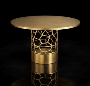 Modern <b>Round</b> Coffee <b>Table</b> with Golden Color Metal Top and Mughal Inspired Lattice <b>Gold</b> Base for Living Room Villa Furniture - Product Image 4