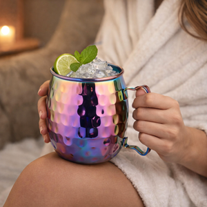 Taza Moscow Mule 500ml |   Taza de cóctel de acero inoxidable con asa |   Diseño Martillado para Cerveza, Bebidas con Hielo y Mocktails - MANOJ MI-5031 - Product Image 2