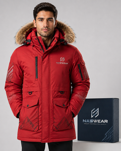 NASWEAR Men's <b>Red</b> Hooded Parka <b>Jacket</b> with Fur Trim <b>Waterproof</b> Down Filled Winter Coat Long Length Casual Style Parka Jacekt - Product Image 1