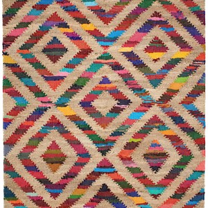 Tapis géométrique rectangulaire en jute fait main, style bohème, à poils ras, pour salon, nettoyage localisé - Product Image 3
