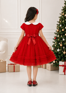 Robe de Noël en tulle rouge pour filles avec col Peter Pan - Robe de princesse pour les fêtes - Product Image 5