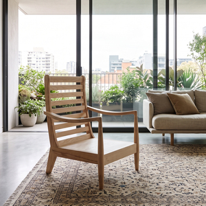 Fauteuil de salon moderne minimaliste en bois massif avec dossier à lattes et rembourrage en mousse et coton, idéal pour salon, patio, hôtel, avec garantie de 3 ans - Product Image 1