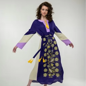 Women <b>Boho</b> Cotton Embroidered Maxi <b>Dress</b> Purple Floral Long Sleeve Tie Waist Ethnic Kaftan Loose Fit <b>Summer</b> <b>Dress</b> - Product Image 1