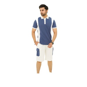 <b>Men</b> Blue <b>White</b> Color Block Polo Shirt Shorts Summer Set Casual Short Sleeve Button Up Collar Breathable Cotton Lightweight 2026 - Product Image 1
