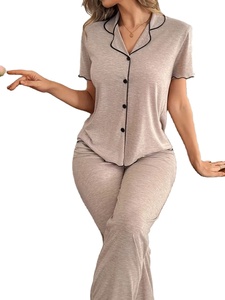 Elegant Casual Women's Loose Soft Lightweight Comfortable Turtleneck Solid Color Ruffle Short Sleeve Robes 2pcs Set 100% Front - Product Image 4