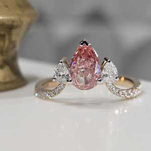 Unique Crossover Lab Grown 1.01CT Pink Pear Cut Diamond Three Stone <b>Ring</b> For Women's 10K Solid Gold Promise Gift For Lover - Product Image 4