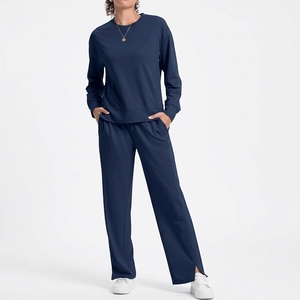 Women's Casual Summer Loose Fit Long Sleeve V-Neck Solid Two-Piece Cotton Polyester <b>Knitting</b> <b>Set</b> XL XXL Sizes - Product Image 6