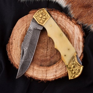 มีดพับเหล็กดามัสกัสคุณภาพสูงทำมือ ด้ามจับทำจากกระดูก พร้อมปลอกหนัง มีดพกพาอเนกประสงค์สำหรับเอาตัวรอด - Product Image 6