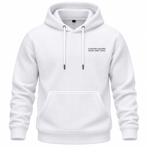 <b>White</b> Waffle Knit Cotton Hoodie Unisex Regular Fit Textured Pullover Hooded <b>Sweatshirt</b> Pocket Contrast Trim Heavyweight - Product Image 1