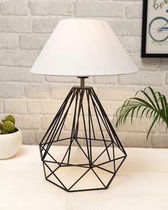 Modern Geometric Metal Table <b>Lamp</b> with White Fabric Shade <b>Black</b> Wireframe <b>Bedside</b> Desk <b>Lamp</b> Contemporary Home Decor Accent Light - Product Image 1