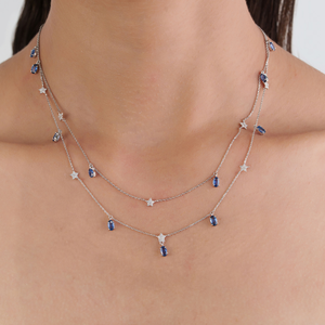 Collar de cadena de doble capa con dijes de zafiro azul y diamantes para mujer, diseño más hermoso, joyería de boda, oro blanco de 14 quilates - Product Image 2