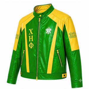 เสื้อแจ็คเก็ตหนัง PU ของชมรมนักศึกษา Chi Eta Phi สีเขียวและเหลือง พิมพ์ตัวอักษร 1932 แขนยาว ซิปแบบเต็มตัว สไตล์ลำลองสำหรับผู้หญิง - Product Image 2