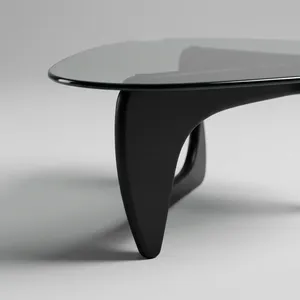 Table basse moderne en verre fumé irrégulier avec pieds sculpturaux noirs, mobilier de salon design écologique - Product Image 5
