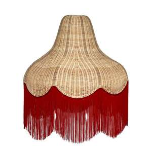 Abat-jour en rotin tressé rouge bordeaux rétro à franges, abat-jour en forme de cloche festonnée, abat-jour suspendu artisanal, couverture de lampe de plafond - Product Image 1