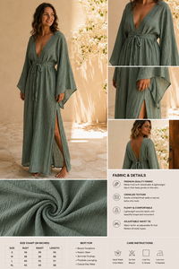 Elegante Vestido Maxi de Algodón Arrugado con Mangas Kimono, Escote Pronunciado en V, Espalda Abierta, Estilo Resort, Vestido de Verano Fluido para Playa - Product Image 6