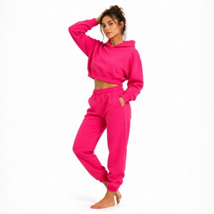 Women Hooded Printed 100% Cotton <b>Pink</b> Cropped Long Sleeve Solid Color Knitted Quick Dry Winter Casual <b>Sweatshirt</b> - Product Image 2
