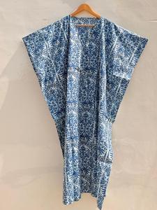 Blue Floral Print <b>Kaftan</b> Dress Women Sleeveless Maxi Loose Fit V-Neck Wrap Tie <b>Summer</b> Casual Woven Cotton Dress - Product Image 3