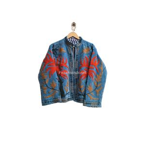 Wholesale Hand-Stitched <b>Quilted</b> <b>Jacket</b> Stand Collar Velvet Suzani Embroidery Floral <b>Pattern</b> Two Side Pockets Quick Dry - Product Image 1