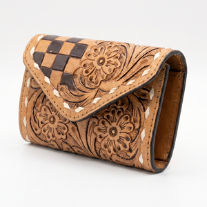 Handmade Genuine Leather Tri-Fold <b>Wallet</b> With Embossed Floral & Checkered Pattern Vintage Style Women's Short <b>Card</b> <b>Holder</b> <b>Wallet</b> - Product Image 2
