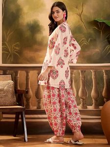 Women's <b>Linen</b> Floral Print Summer Wear Straight Short Kurti With farshi Salwar Set Kurta Pant Set - Product Image 3