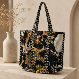 Designer Oriental Floral Tote <b>Bag</b> Oversized Quilted Cotton Zipper Closure Shoulder Shopper <b>Women</b> Travel Work <b>Beach</b> Carry Handbag - Product Image 3