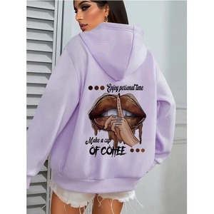 Sweat-shirt rose à capuche pour femme, coupe oversize, imprimé lèvres café, motif lettres au dos, tricoté, manches longues, style décontracté automne - Product Image 5