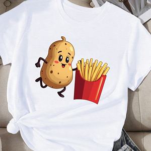 Camiseta cómoda informal para mujer con estampado de dibujos animados Running Potato and Fries hecha de tejido de punto de poliéster - Product Image 4