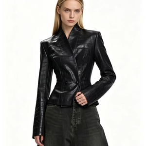 2026 Veste Courte Femme en Similicuir Gaufré Croco, Col Revers, Bouton Unique, Coupe Ajustée, Style Punk, Manches Longues, Vêtement d'Extérieur d'Automne - Product Image 4