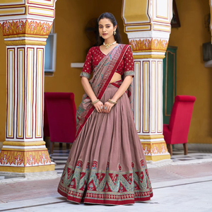 New Designer Fully Stitched Tussar Silk Printed Foil Print Lehenga Choli <b>Set</b> South Indian Style Party Wedding Wear Ready To Wear - Product Image 1