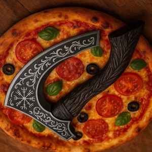 Hacha para Pizza de Acero al Carbono de Alta Calidad Forjada a Mano, Estilo Vikingo, con Mango de Madera Tallada y Funda de Cuero, Venta al Por Mayor - Product Image 6