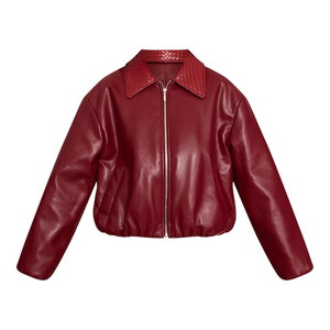 Custom Sorority <b>Red</b> Quilted Collar Faux Leather Jacket Women's Slim Motorcycle Style Wholesale Manufacturer Private Label OEM - Product Image 1