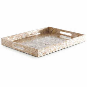 Plateau de service rectangulaire en nacre avec poignées intégrées, incrustation de mosaïque de nacre polie, plateau décoratif pour table basse - Product Image 1