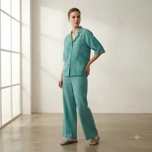 Ensemble coordonné en lin brodé bleu turquoise pour femmes, chemise à manches courtes, pantalon large, tenue décontractée élégante - Product Image 2