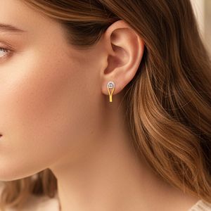 Luxury Two Tone Gold and <b>Silver</b> Lab Grown Ring with Brilliant Round Center Stone, Sparkling Pavé Halo and Elegant Earrings - Product Image 4