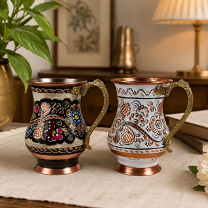 Juego de Tazas de Café de Cobre Puro Hechas a Mano con Asa de Latón, Diseño Floral Esmaltado en Blanco y Negro, Taza de Agua/Té de 350 ml, Taza de Regalo Vintage - Product Image 5